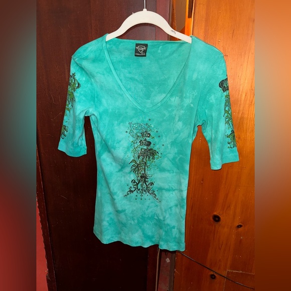 Punk goth y2k edgy emo rhinestone ribbed v-neck long sleeve top - Picture 1 of 6